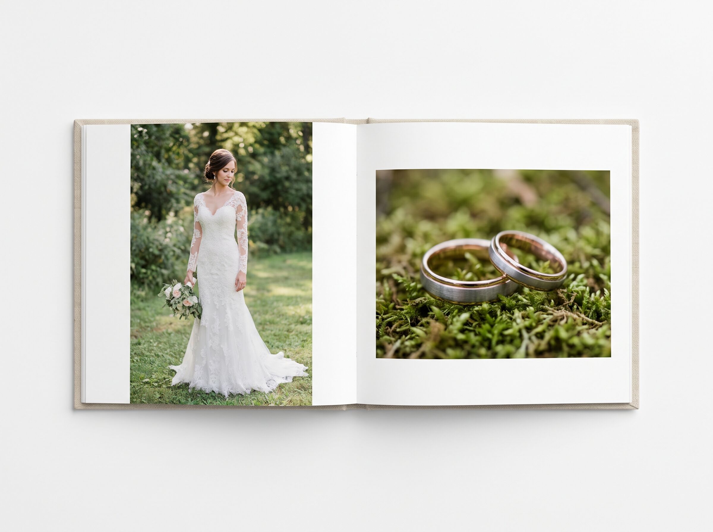 Premium wedding photo book open to a bridal portrait page