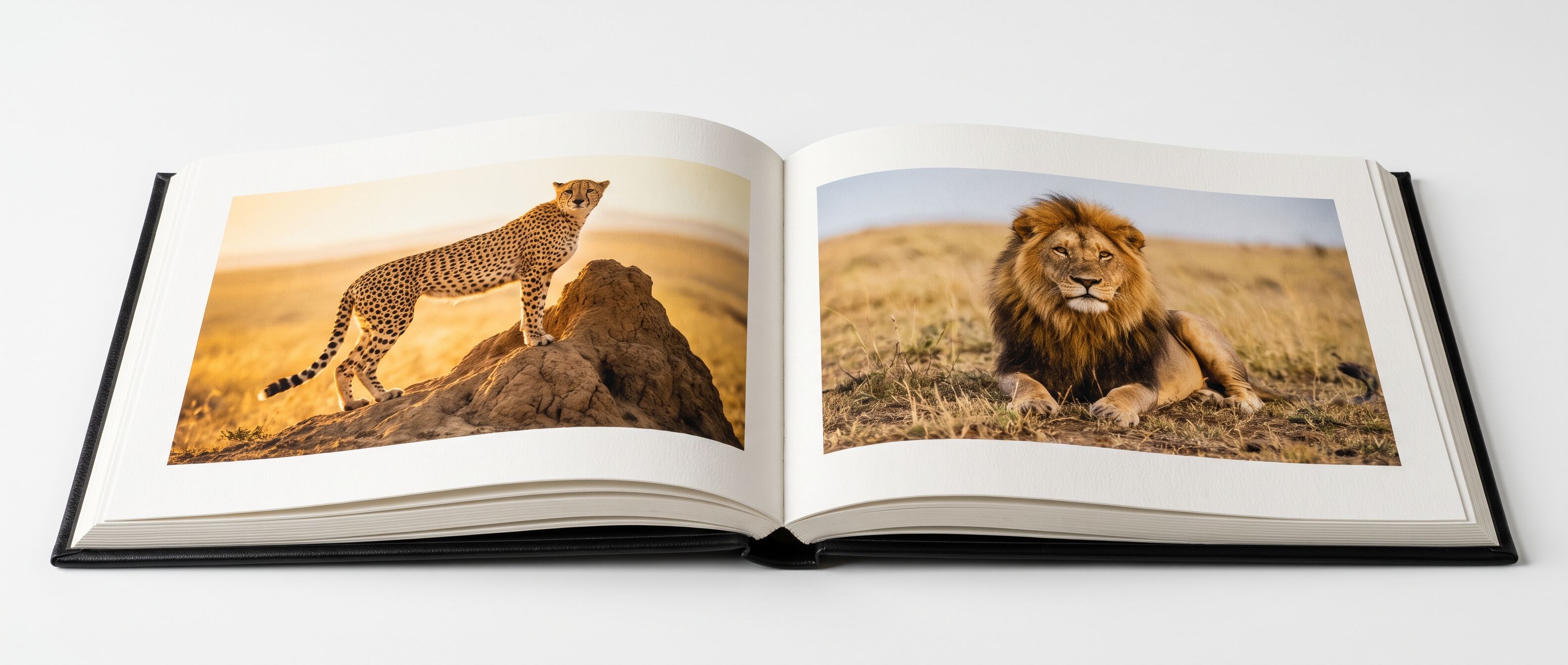 Open professional photo book featuring wildlife photography - cheetah and lion spreads